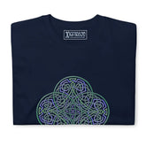 A folded navy blue Xigfireon graphic t-shirt featuring the Living Colour iteration of the Reach Of The Spirit Celtic knot design. The Reach Of The Spirit Celtic knot symbolizes the Earth.