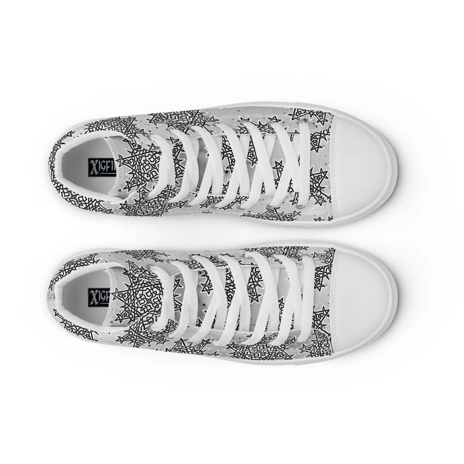 A view from above of a pair of canvas high tops featuring the Inverted Black & White Solid Cosmos iteration of the Morning Star Fire Celtic knot pattern. The Xigfireon logo on the insole is visible.