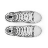 A view from above of a pair of canvas high tops featuring the Inverted Black & White Solid Cosmos iteration of the Morning Star Fire Celtic knot pattern. The Xigfireon logo on the insole is visible.