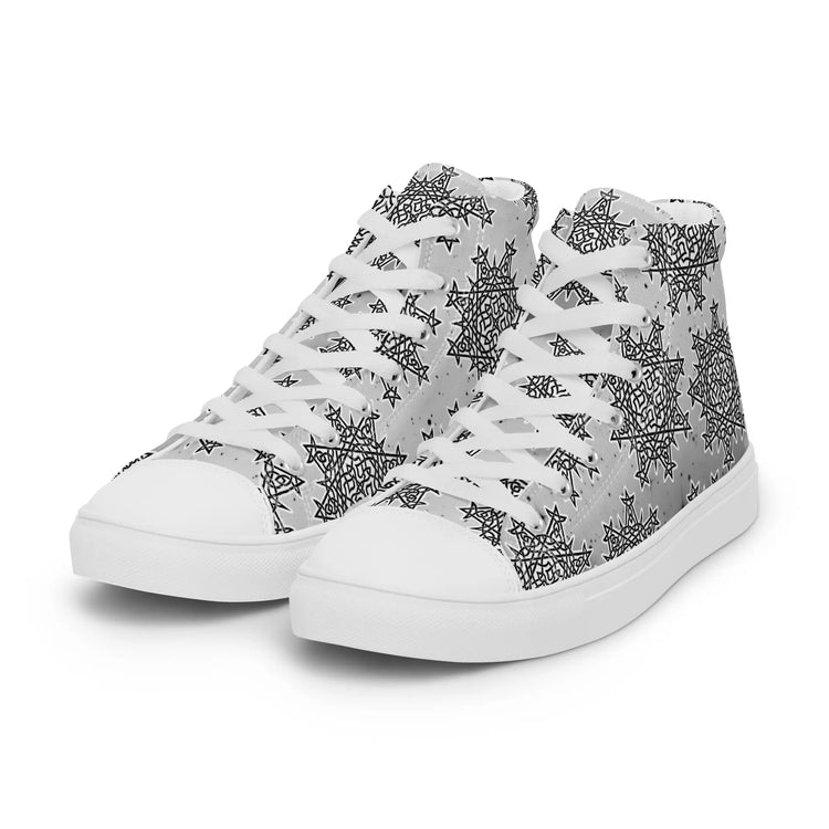 A pair of Xigfireon canvas high tops featuring the Inverted Black & White Solid Cosmos iteration of the Morning Star Fire Celtic knot pattern.