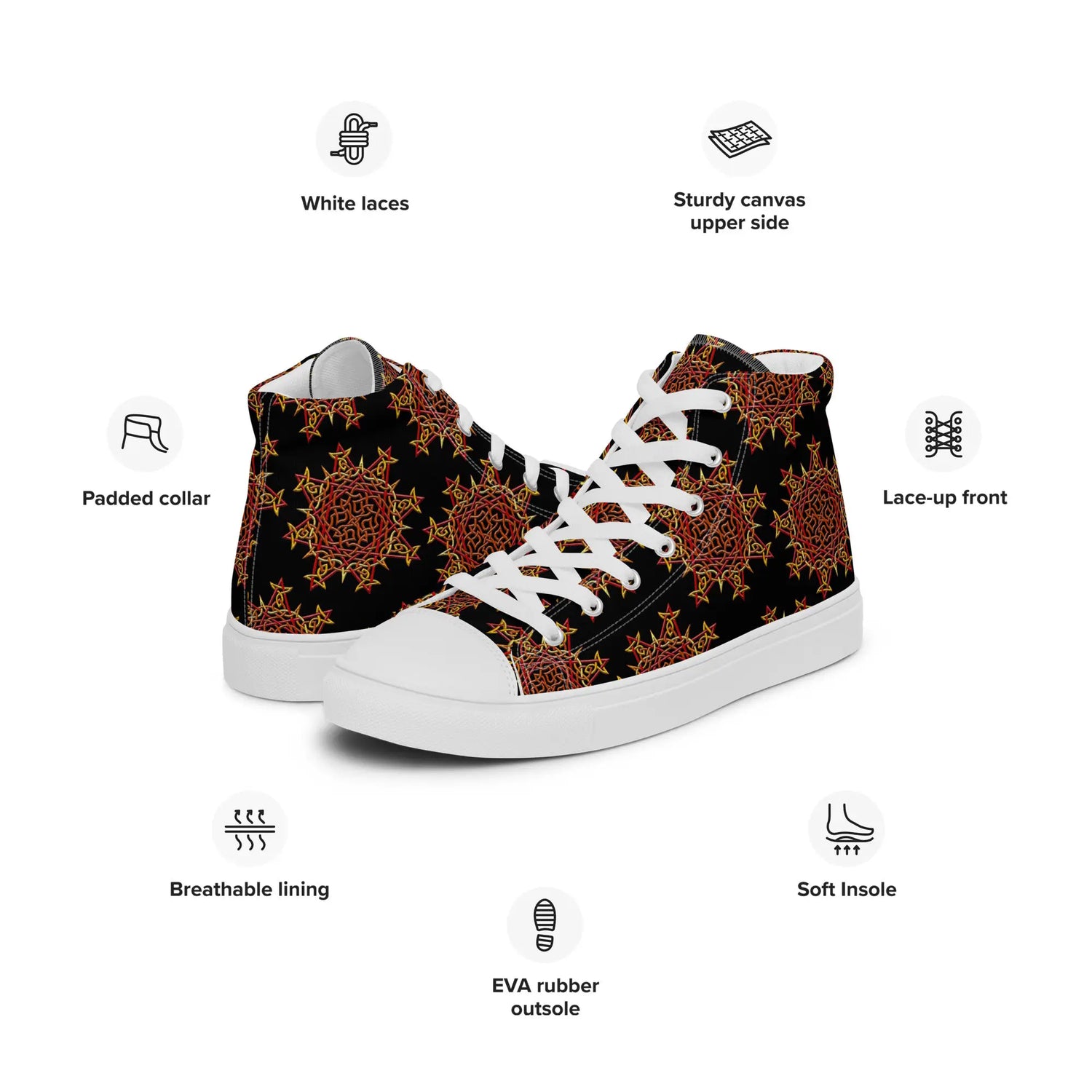 A list of product features surrounding a pair of black Xigfireon canvas high tops featuring the Fire Colour iteration of the Morning Star Fire Celtic knot pattern. Features include white laces, sturdy canvas upper side, padded collar, lace-up front, breathable lining, EVA rubber outsole, and soft insole.