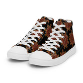 A pair of black Xigfireon canvas high tops featuring the Fire Colour iteration of the Morning Star Fire Celtic knot pattern.