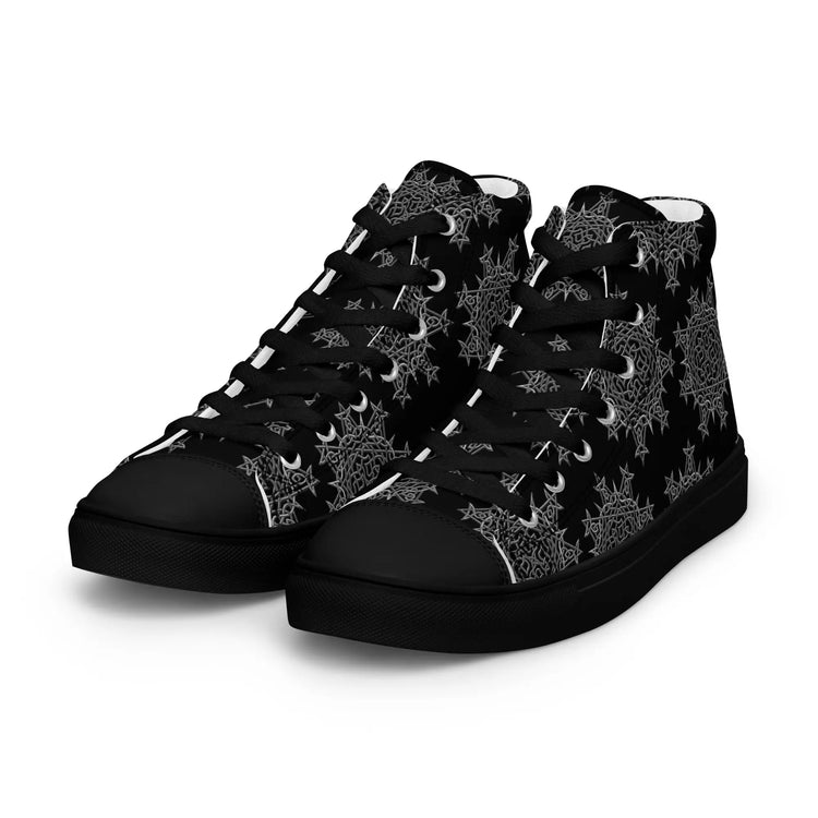 A pair of Xigfireon black soled canvas high tops featuring the Greyscale iteration of the Morning Star Fire Celtic knot pattern.