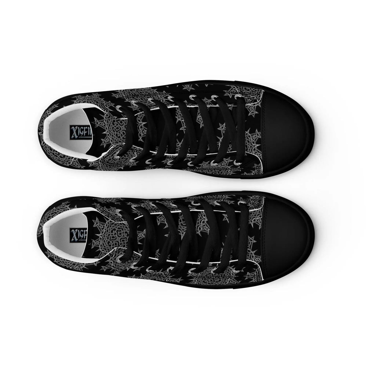 A view from above of a pair of Xigfireon black soled canvas high tops featuring the Greyscale iteration of the Morning Star Fire Celtic knot pattern. The Xigfireon logo is visible inside each shoe.