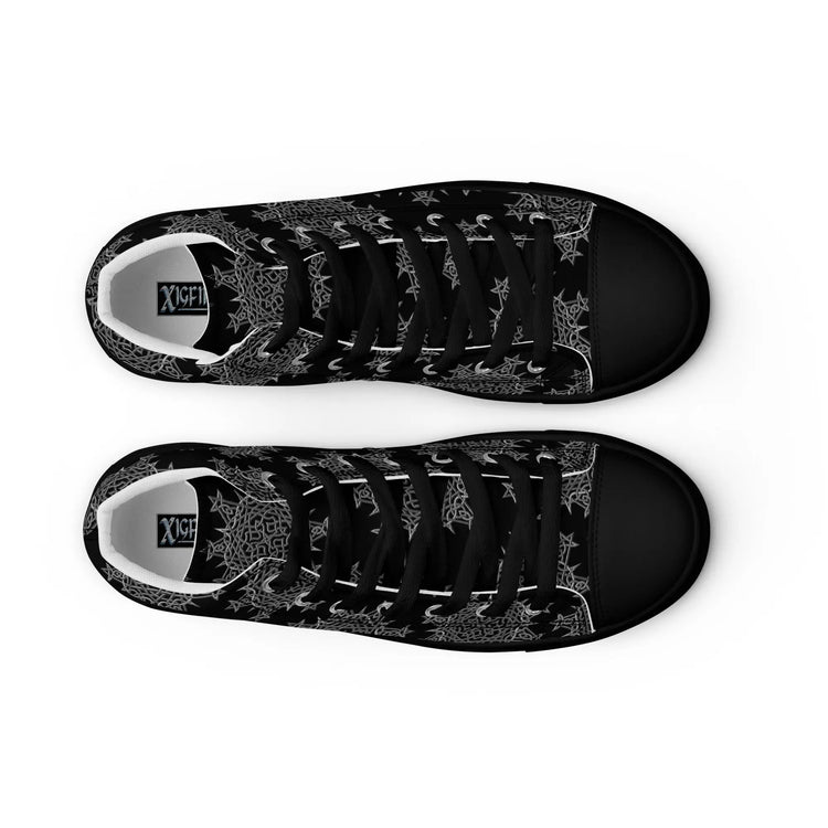 A view from above of a pair of Xigfireon black soled canvas high tops featuring the Greyscale iteration of the Morning Star Fire Celtic knot pattern. The Xigfireon logo is visible inside each shoe.