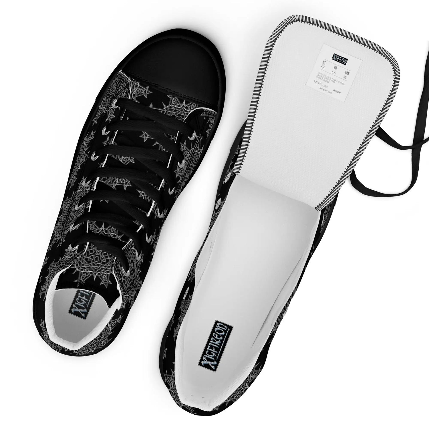 A view from above of a pair of Xigfireon black soled canvas high tops featuring the Greyscale iteration of the Morning Star Fire Celtic knot pattern. The tongue on the right shoe is opened up to better reveal the inside of the shoe.