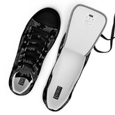 A view from above of a pair of Xigfireon black soled canvas high tops featuring the Greyscale iteration of the Morning Star Fire Celtic knot pattern. The tongue on the right shoe is opened up to better reveal the inside of the shoe.