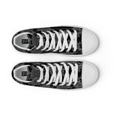 A view from above of a pair of Xigfireon black canvas high tops featuring the Greyscale iteration of the Morning Star Fire Celtic knot pattern. The Xigfireon logo on the insole is visible.