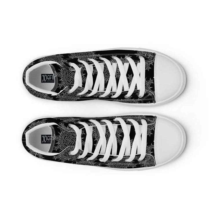 A view from above of a pair of Xigfireon black canvas high tops featuring the Greyscale iteration of the Morning Star Fire Celtic knot pattern. The Xigfireon logo on the insole is visible.