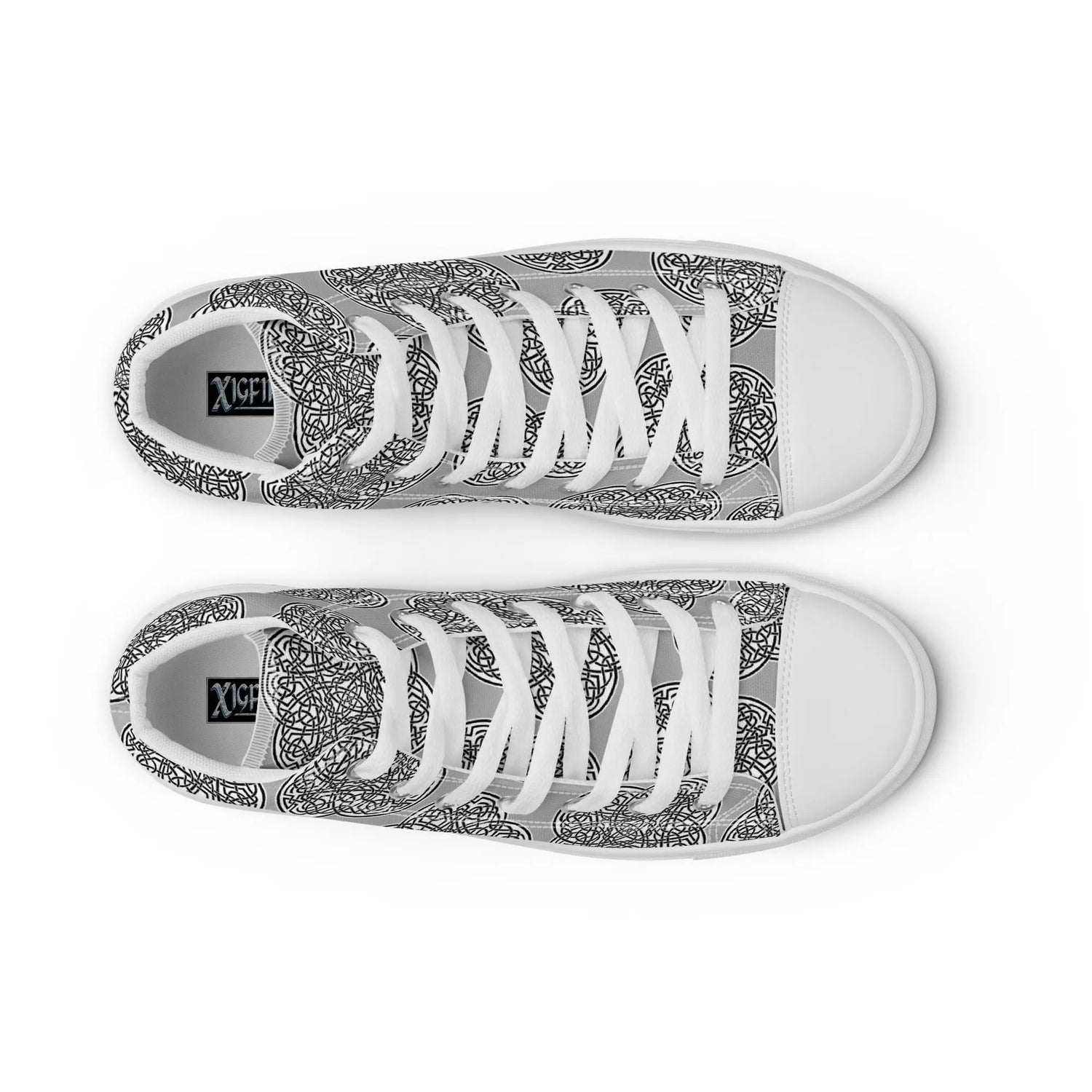 A view from above of a pair of Xigfireon canvas high tops featuring the Inverted Black & White Solid iteration of the Reach of The Spirit Celtic knot pattern. The Xigfireon logo is visible inside each shoe.