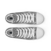 A view from above of a pair of Xigfireon canvas high tops featuring the Inverted Black & White Solid iteration of the Reach of The Spirit Celtic knot pattern. The Xigfireon logo is visible inside each shoe.