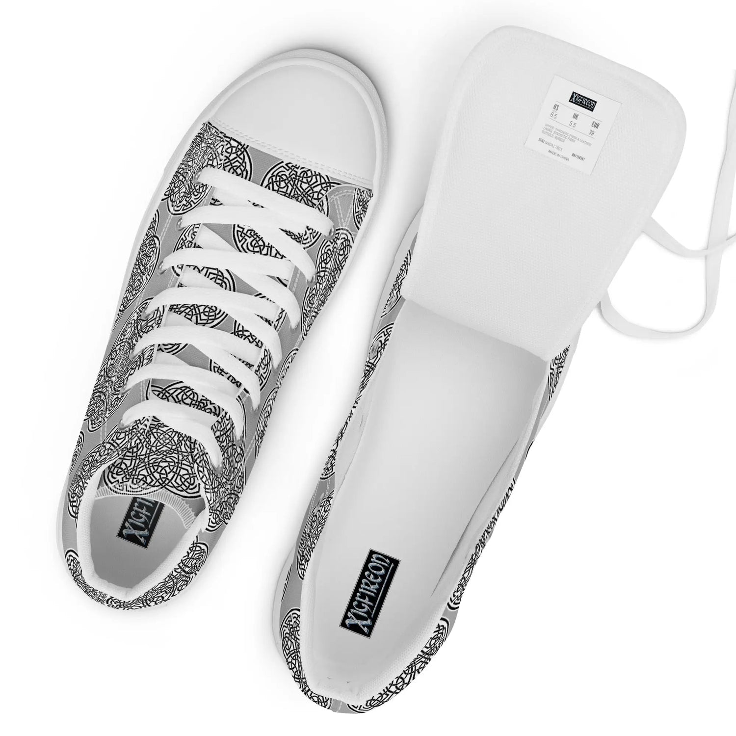 A view from above of a pair of Xigfireon canvas high tops featuring the Inverted Black & White Solid iteration of the Reach Of The Spirit Celtic knot pattern. The tongue on the right shoe is opened up to better reveal the inside of the shoe.