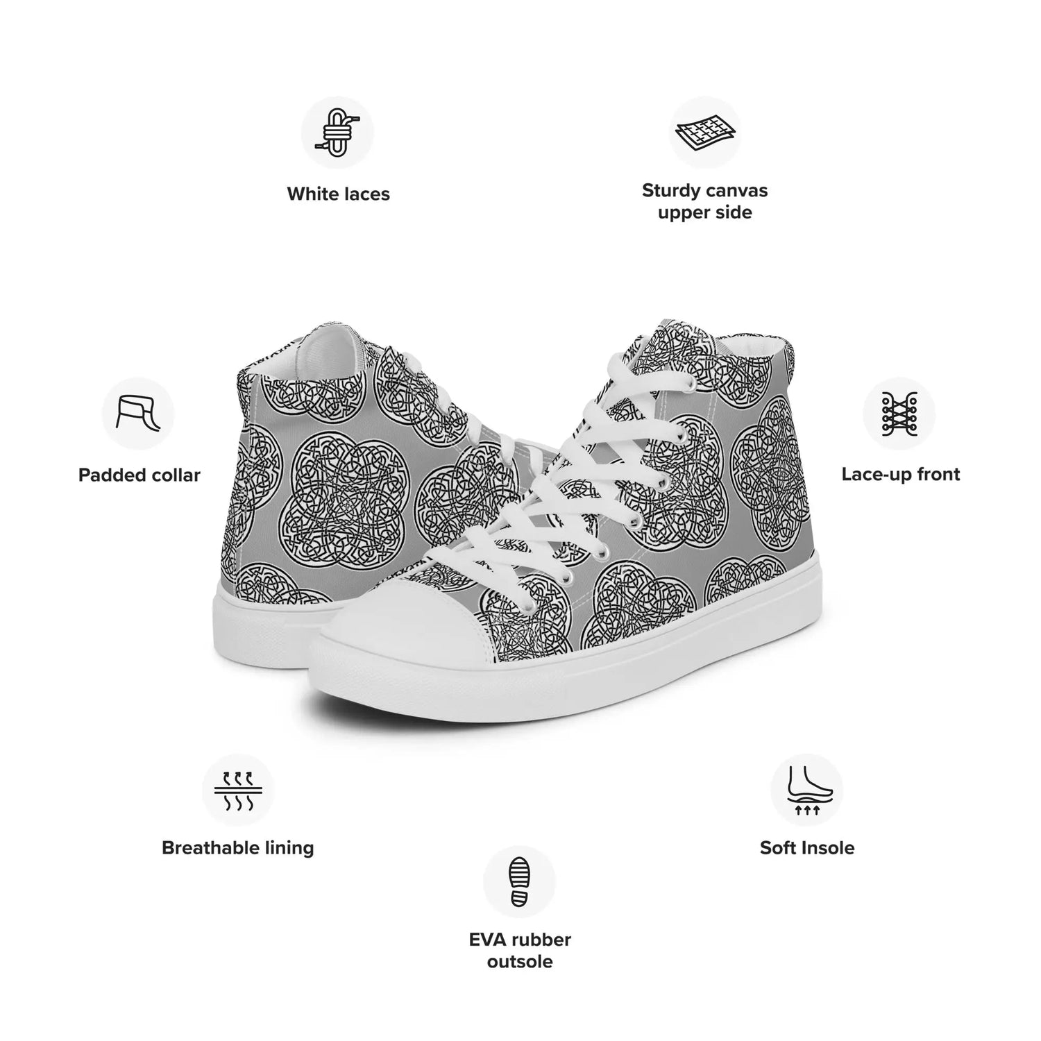 A list of product features surrounding a pair of Xigfireon canvas high tops featuring the Inverted Black & White Solid iteration of the Reach of The Spirit Celtic knot pattern. Product features include black laces, sturdy canvas upper side, padded collar, lace-up front, breathable lining, soft insole, and EVA rubber outsole.