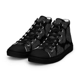 A pair of Xigfireon black soled canvas high tops featuring the Greyscale iteration of the Reach Of The Spirit Celtic knot pattern.