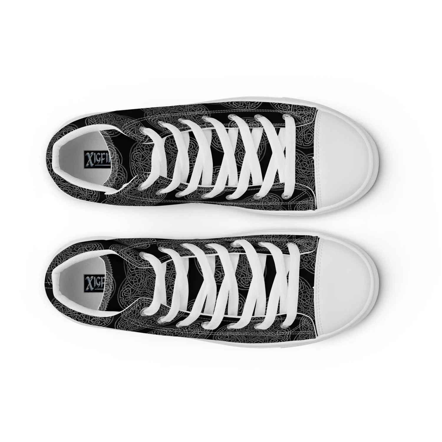 A view from above of a pair of black canvas high tops featuring the Greyscale iteration of the Reach Of The Spirit Celtic knot pattern. The Xigfireon logo on the insole is visible.