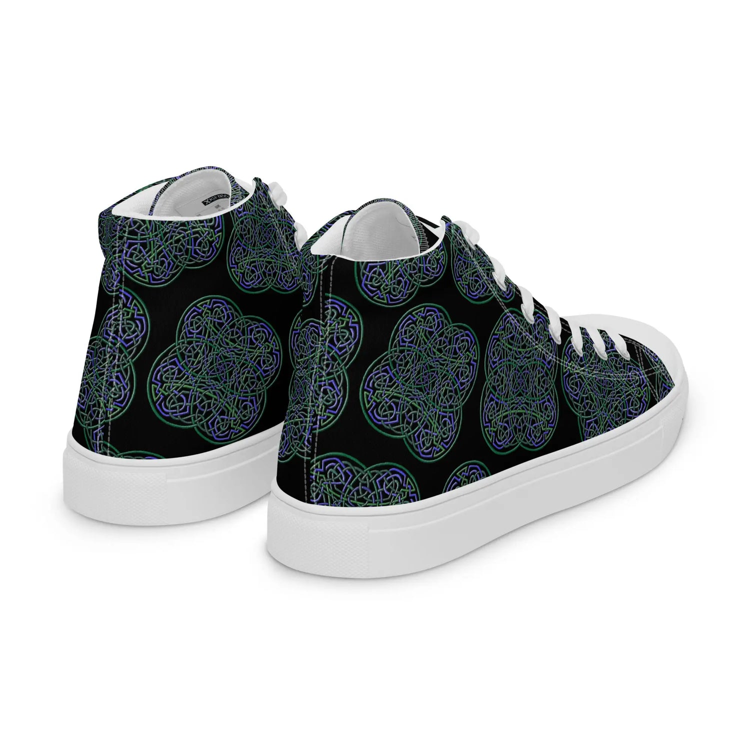 The back side of a pair of Xigfireon black canvas high tops featuring the Living Colour iteration of the Reach Of The Spirit Celtic knot pattern.