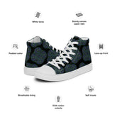 A list of product features surrounding a pair of black Xigfireon canvas high tops featuring the Living Colour iteration of the Reach Of The Spirit Celtic knot pattern. Features include white laces, sturdy canvas upper side, padded collar, lace-up front, breathable lining, EVA rubber outsole, and soft insole.