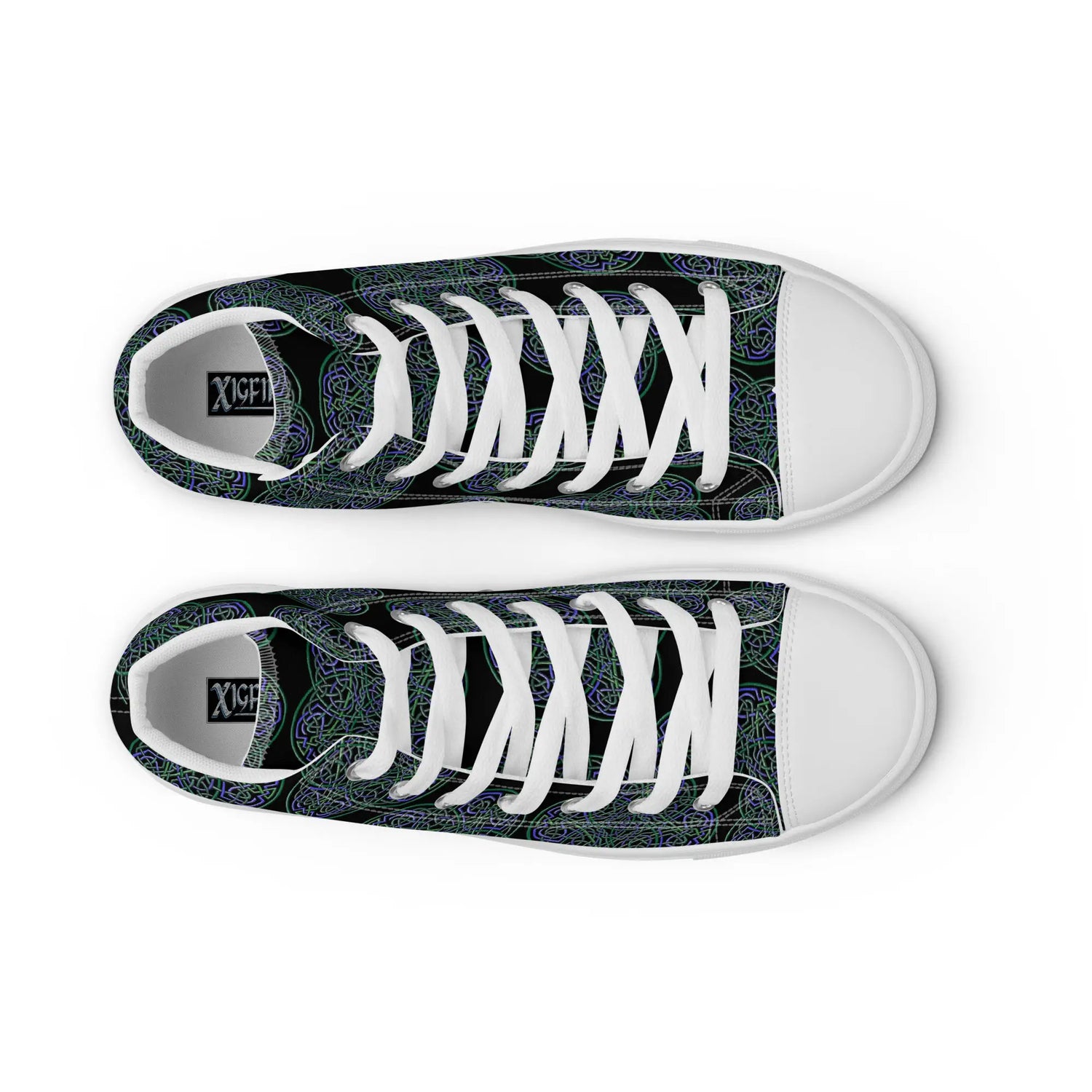 A view from above of a pair of Xigfireon black canvas high tops featuring the Living Colour iteration of the Reach Of The Spirit Celtic knot pattern. The Xigfireon logo on the insole is visible.