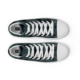 A view from above of a pair of Xigfireon black canvas high tops featuring the Living Colour iteration of the Reach Of The Spirit Celtic knot pattern. The Xigfireon logo on the insole is visible.
