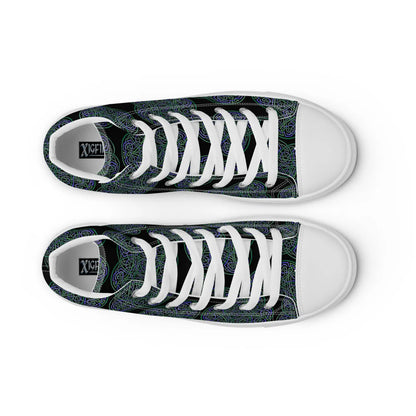A view from above of a pair of Xigfireon black canvas high tops featuring the Living Colour iteration of the Reach Of The Spirit Celtic knot pattern. The Xigfireon logo on the insole is visible.