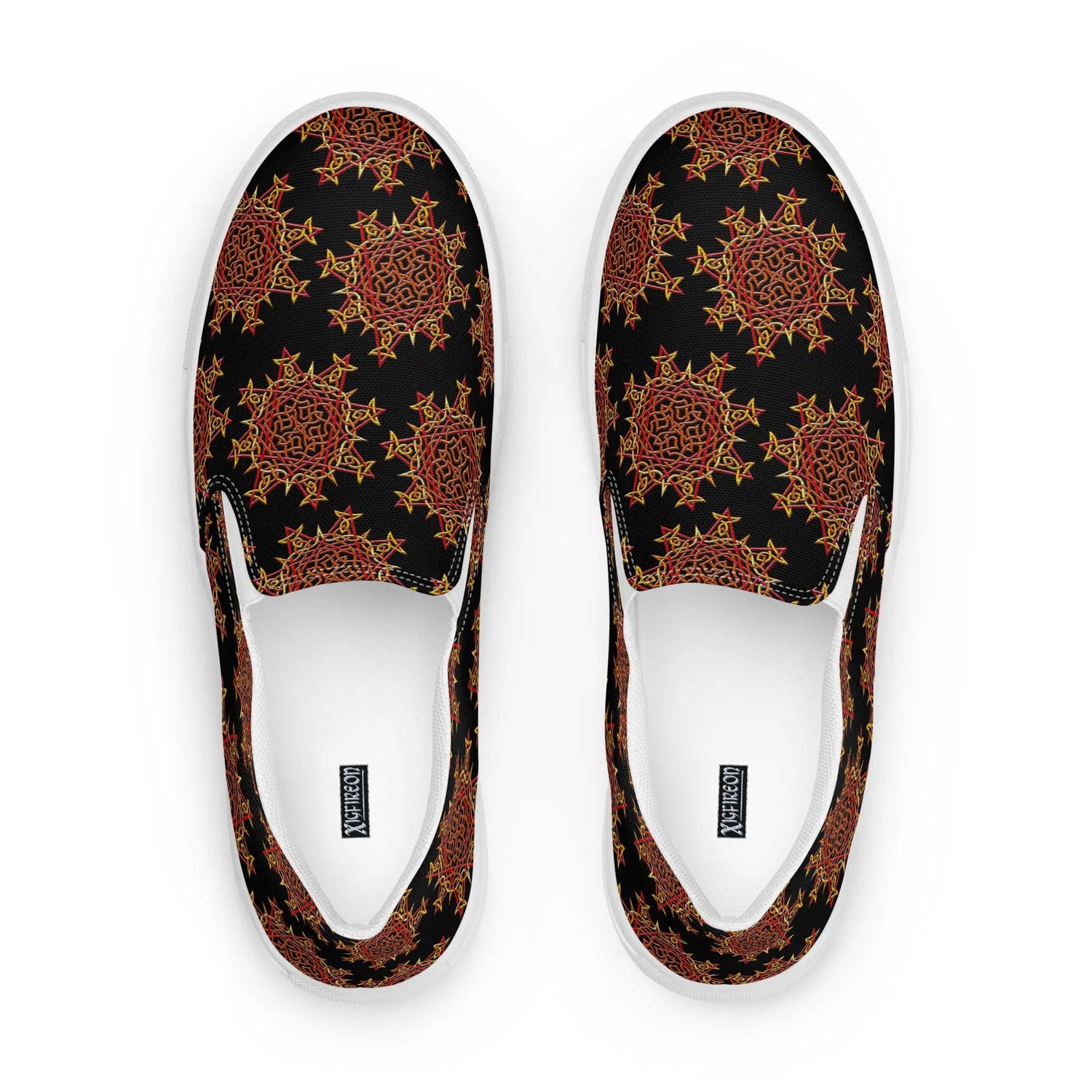 A view from above of a pair of Xigfireon canvas slip-on shoes featuring the Fire Colour on Black iteration of the Morning Star Fire Celtic knot pattern. The Xigfireon logo is visible inside each shoe.