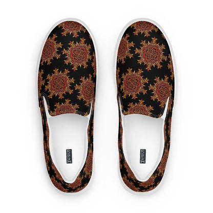 A view from above of a pair of Xigfireon canvas slip-on shoes featuring the Fire Colour on Black iteration of the Morning Star Fire Celtic knot pattern. The Xigfireon logo is visible inside each shoe.