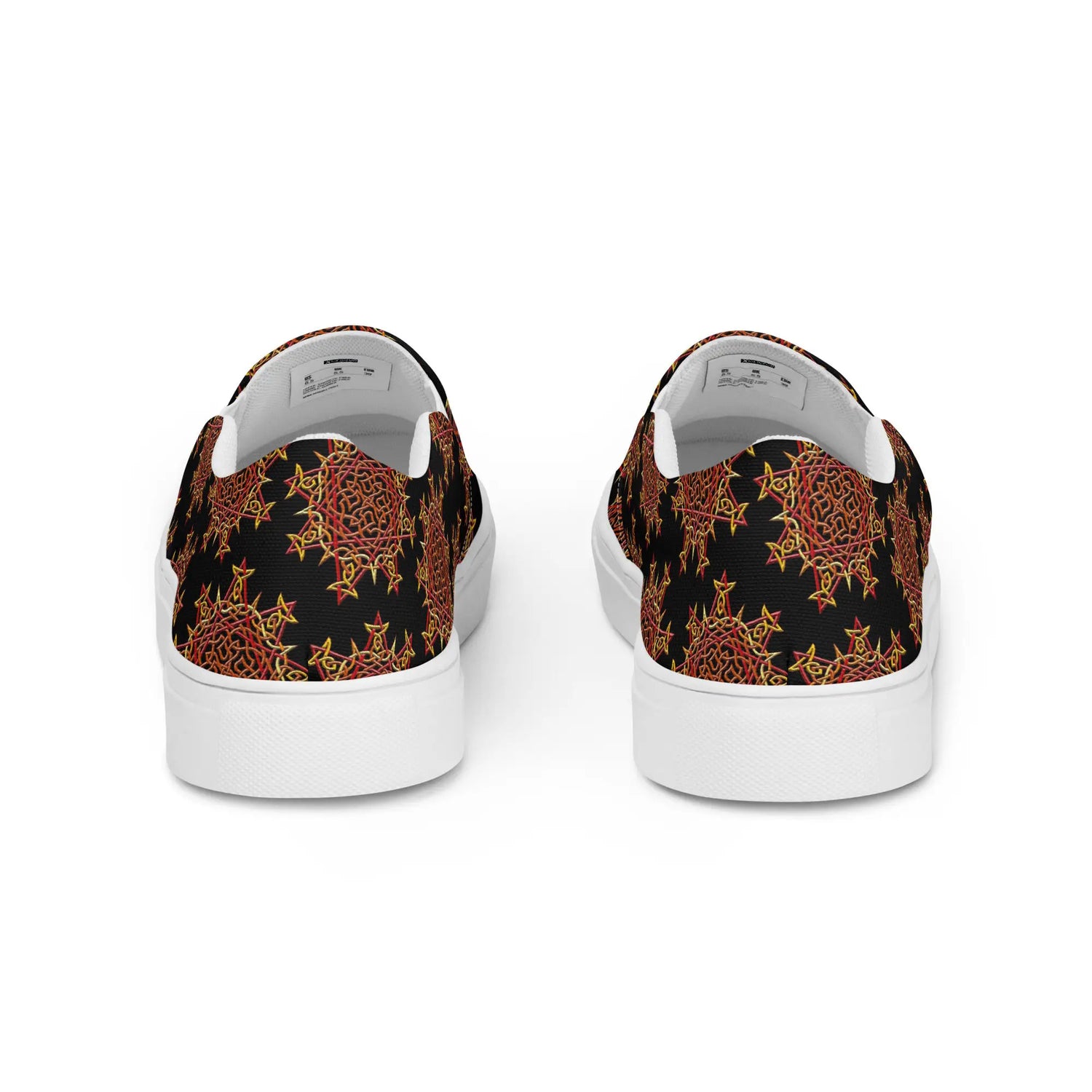 A view of the back of a pair of Xigfireon canvas slip-on shoes featuring the Fire Colour on Black iteration of the Morning Star Fire Celtic knot pattern. The Morning Star Fire Celtic knot represents the Sun.
