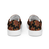 A view of the back of a pair of Xigfireon canvas slip-on shoes featuring the Fire Colour on Black iteration of the Morning Star Fire Celtic knot pattern. The Morning Star Fire Celtic knot represents the Sun.