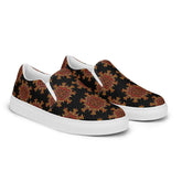 A pair of Xigfireon canvas slip-on shoes featuring the Fire Colour on Black iteration of the Morning Star Fire Celtic knot pattern. The Morning Star Fire Celtic knot represents the Sun.