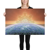 A young woman holding a 24 inch x 36 inch canvas print of the Derivation II Celtic knot design, which symbolizes the Sun and the Earth and their cosmic dance.