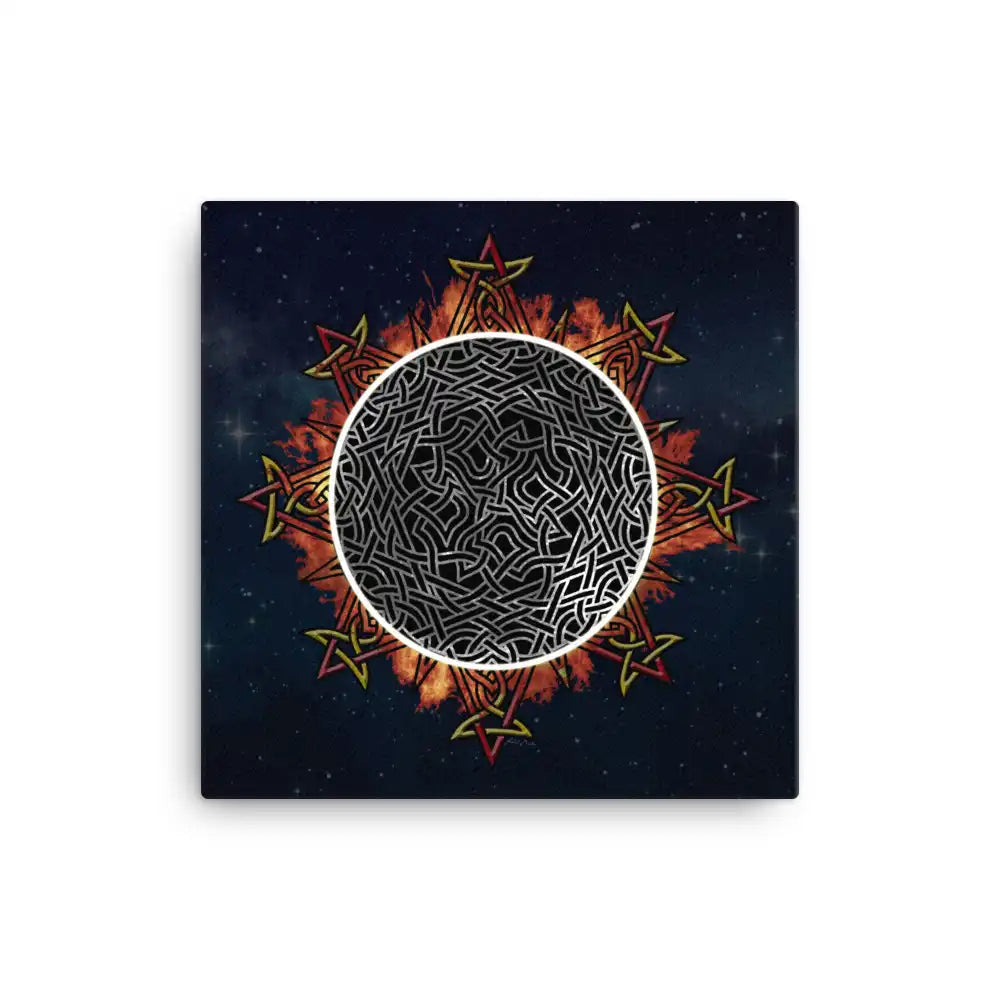 A 12" x 12" canvas print of the Eclipsed iteration of the Morning Star Fire Celtic knot design amidst a sky of faint stars. Inspired by the 2023 Annular Solar Eclipse.