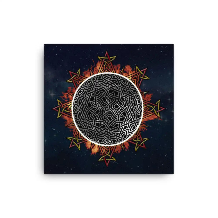 A 12" x 12" canvas print of the Eclipsed iteration of the Morning Star Fire Celtic knot design amidst a sky of faint stars. Inspired by the 2023 Annular Solar Eclipse.