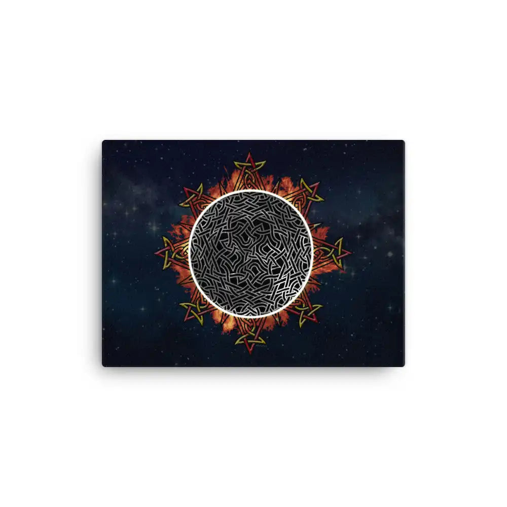 A 12" x 16" canvas print of the Eclipsed iteration of the Morning Star Fire Celtic knot design amidst a sky of faint stars. Inspired by the 2023 Annular Solar Eclipse.