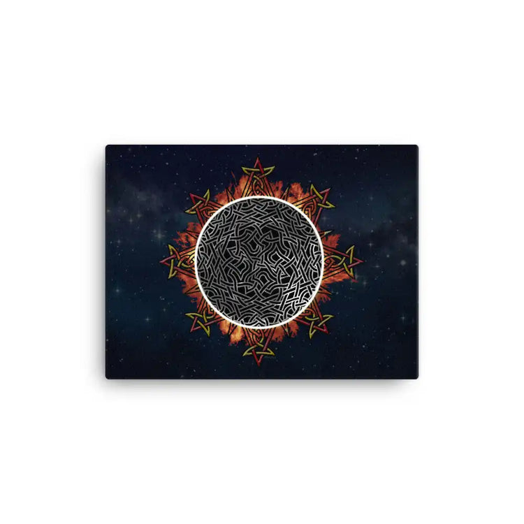A 12" x 16" canvas print of the Eclipsed iteration of the Morning Star Fire Celtic knot design amidst a sky of faint stars. Inspired by the 2023 Annular Solar Eclipse.