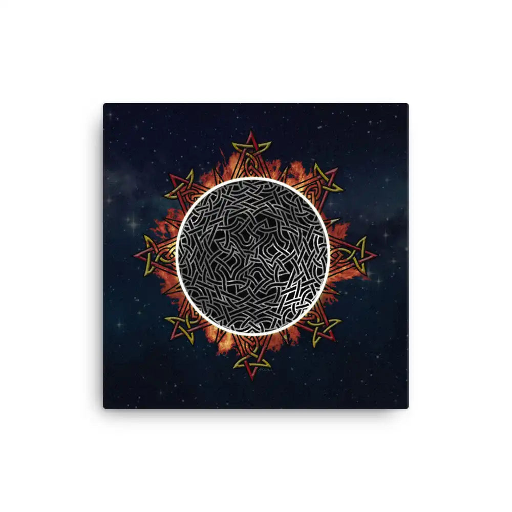 A 16" x 16" canvas print of the Eclipsed iteration of the Morning Star Fire Celtic knot design amidst a sky of faint stars. Inspired by the 2023 Annular Solar Eclipse.