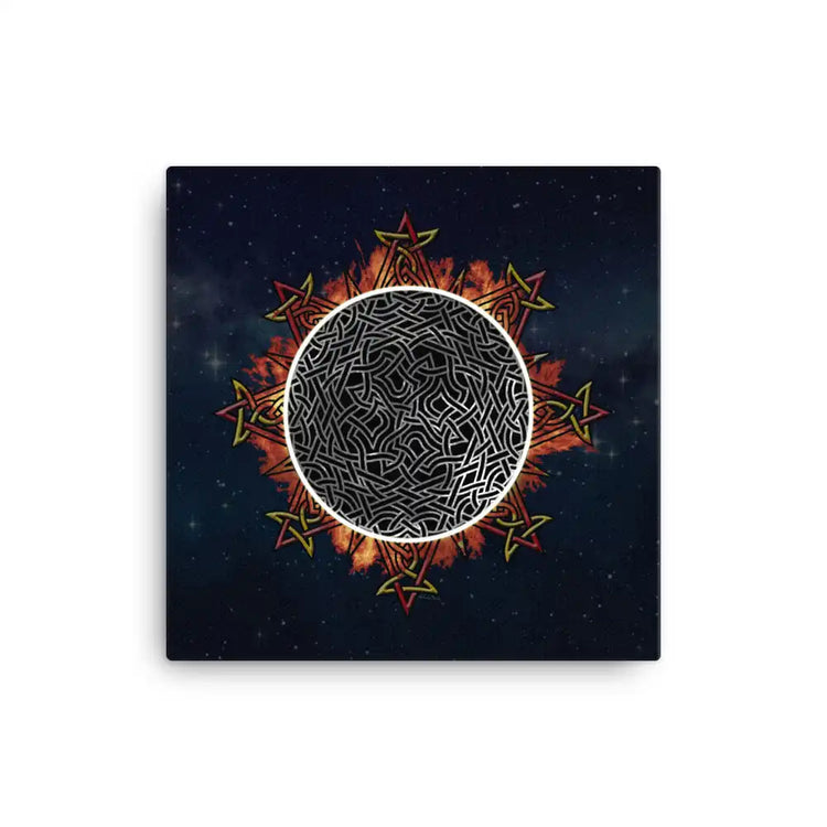 A 16" x 16" canvas print of the Eclipsed iteration of the Morning Star Fire Celtic knot design amidst a sky of faint stars. Inspired by the 2023 Annular Solar Eclipse.