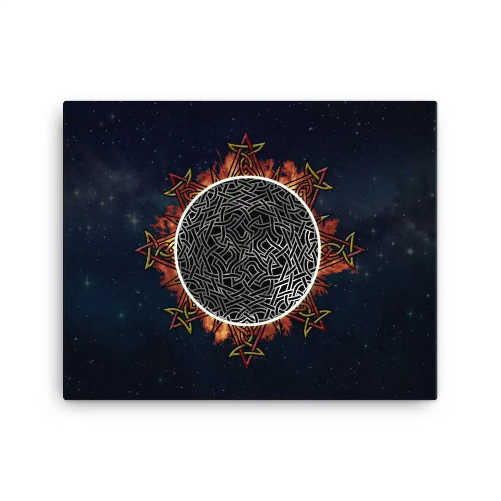 A 16" x 20" canvas print of the Eclipsed iteration of the Morning Star Fire Celtic knot design amidst a sky of faint stars. Inspired by the 2023 Annular Solar Eclipse.