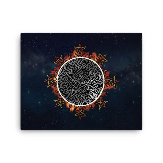 A 16" x 20" canvas print of the Eclipsed iteration of the Morning Star Fire Celtic knot design amidst a sky of faint stars. Inspired by the 2023 Annular Solar Eclipse.