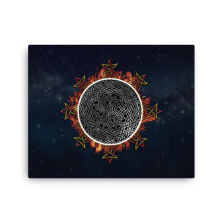 A 16" x 20" canvas print of the Eclipsed iteration of the Morning Star Fire Celtic knot design amidst a sky of faint stars. Inspired by the 2023 Annular Solar Eclipse.