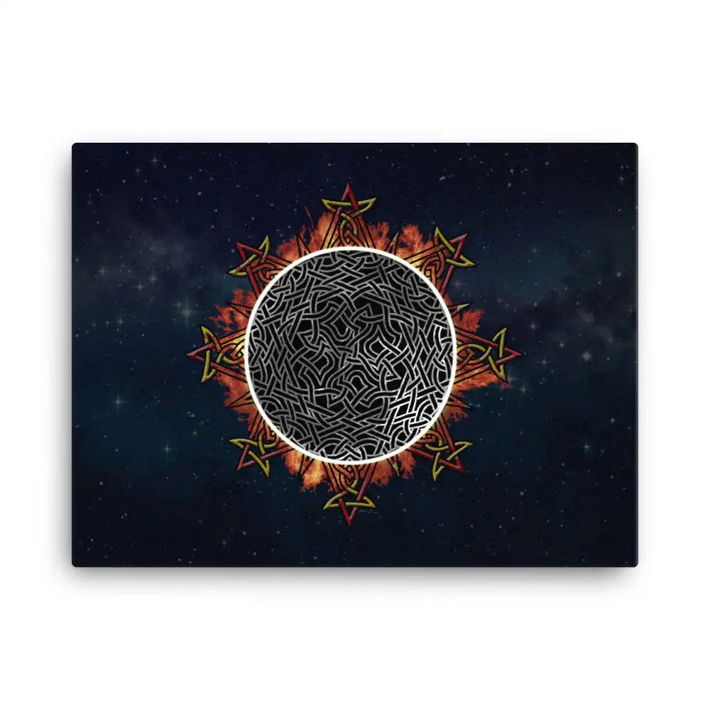A 18" x 24" canvas print of the Eclipsed iteration of the Morning Star Fire Celtic knot design amidst a sky of faint stars. Inspired by the 2023 Annular Solar Eclipse.