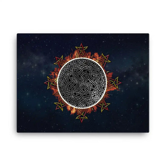 A 18" x 24" canvas print of the Eclipsed iteration of the Morning Star Fire Celtic knot design amidst a sky of faint stars. Inspired by the 2023 Annular Solar Eclipse.
