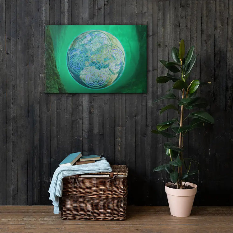 A hallway scene featuring a 24 inch x 36 inch canvas print of the Deep Forest iteration of the Reach Of The Spirit Celtic knot design. The Reach Of The Spirit Celtic knot represents Mother Earth.