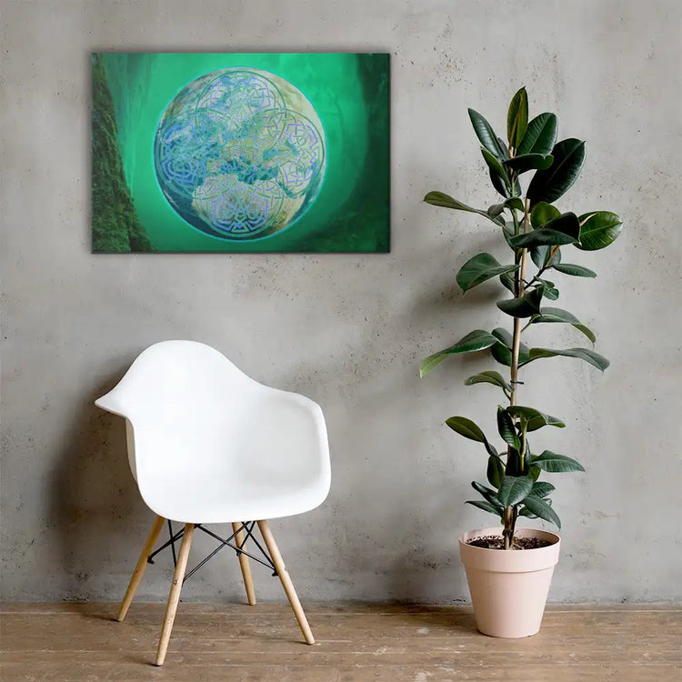 A hallway scene featuring a chair, a plant, and a 24 inch x 36 inch canvas print of the Deep Forest iteration of the Reach Of The Spirit Celtic knot design. The Reach Of The Spirit Celtic knot represents Mother Earth.
