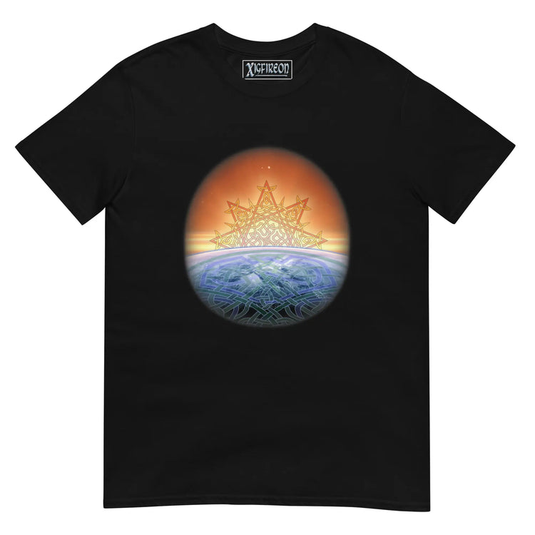 A black Xigfireon graphic tee featuring the Derivation II Celtic knots merger design, symbolizing the cosmic dance between the Sun and the Earth.