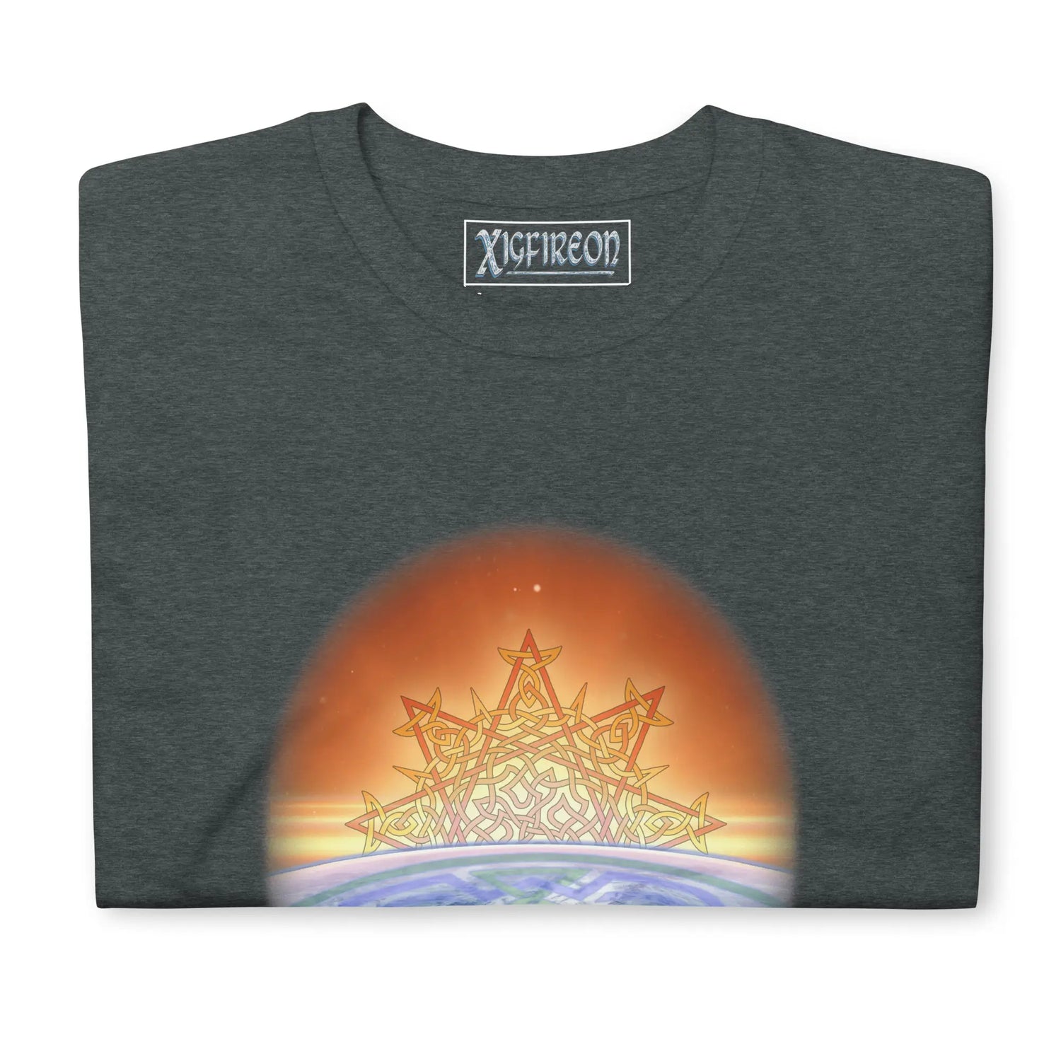 A close-up view of a dark heather Xigfireon t-shirt featuring the Derivation II Celtic knots merger design, symbolizing the cosmic dance between the Sun and the Earth.