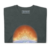 A close-up view of a dark heather Xigfireon t-shirt featuring the Derivation II Celtic knots merger design, symbolizing the cosmic dance between the Sun and the Earth.