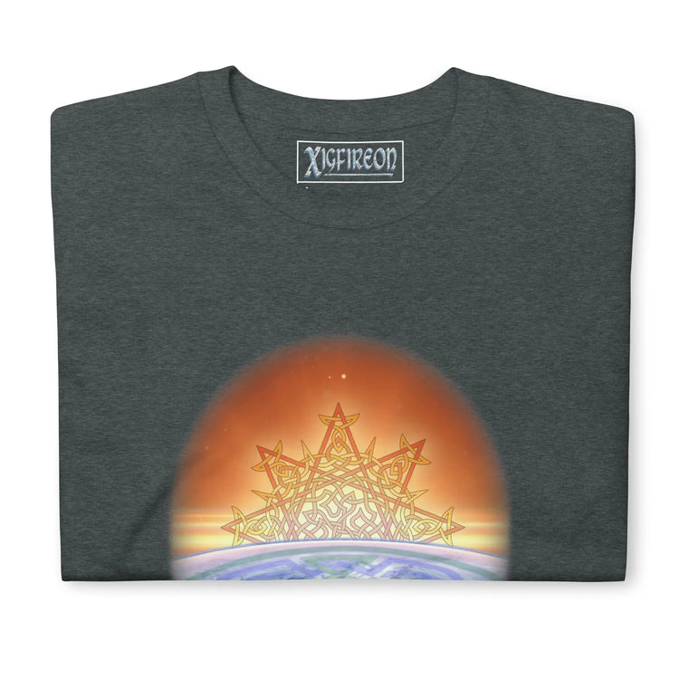 A close-up view of a dark heather Xigfireon t-shirt featuring the Derivation II Celtic knots merger design, symbolizing the cosmic dance between the Sun and the Earth.
