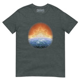 A dark heather Xigfireon t-shirt featuring the Derivation II Celtic knots merger design, symbolizing the cosmic dance between the Sun and the Earth.