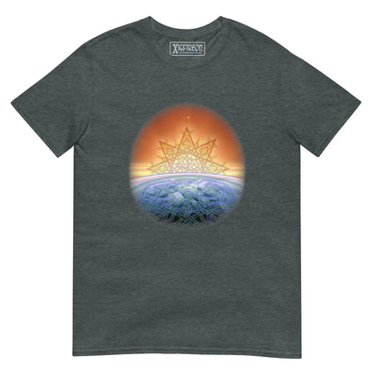 A dark heather Xigfireon t-shirt featuring the Derivation II Celtic knots merger design, symbolizing the cosmic dance between the Sun and the Earth.