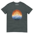 A dark heather Xigfireon t-shirt featuring the Derivation II Celtic knots merger design, symbolizing the cosmic dance between the Sun and the Earth.